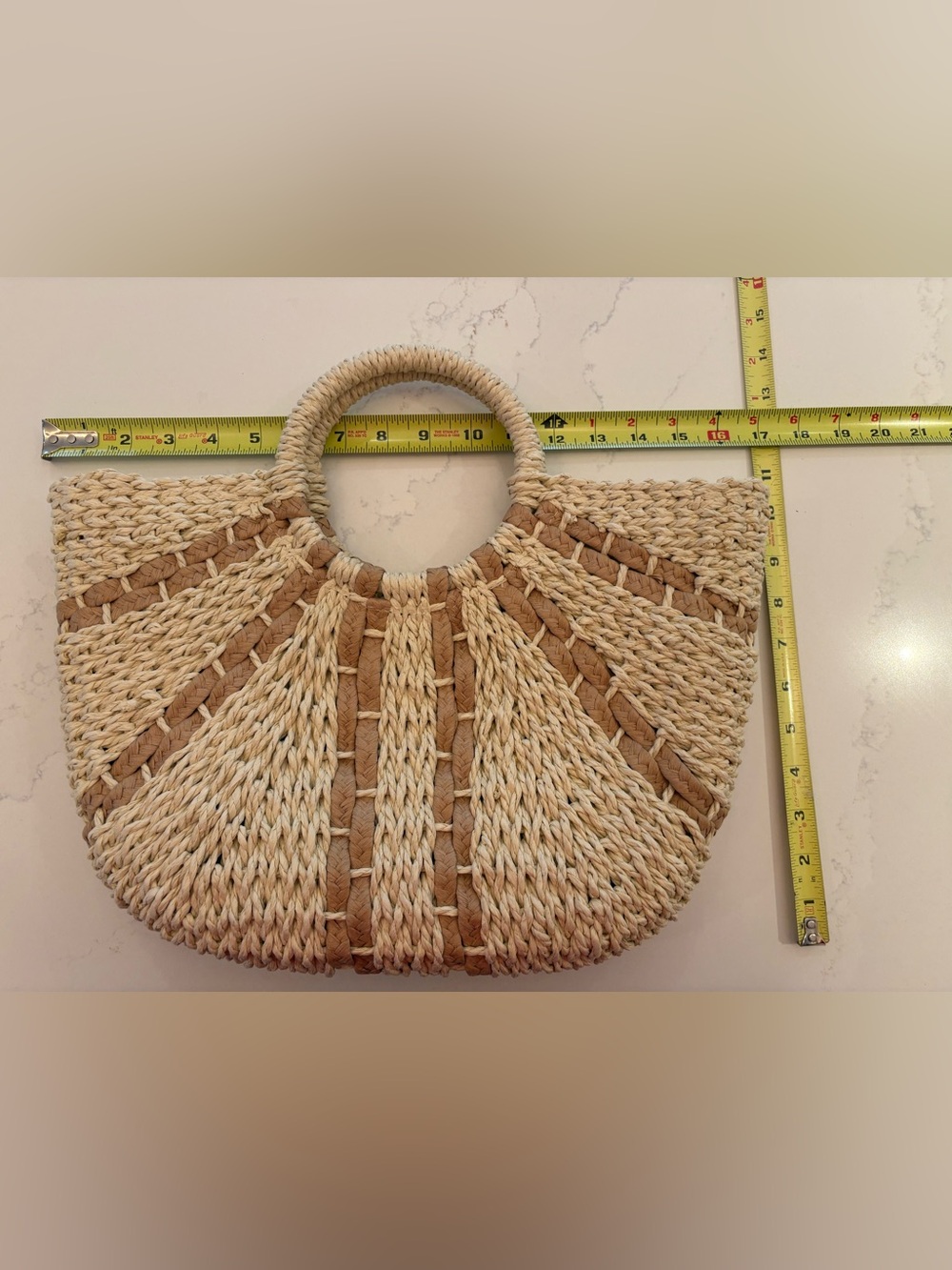Natural Woven Raffia Half Moon Handbag Round Handle Drawstring Lined Beach Tote